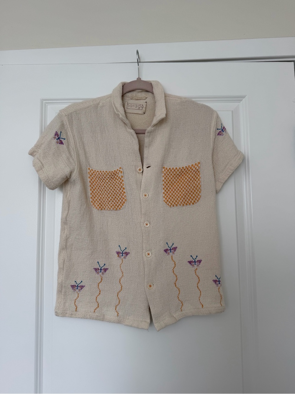 Harago Cream Short-Sleeve crochet Shirt with Pocket Detail